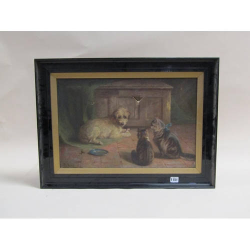 1151 - JOHN FITZMARSHALL 1859/1932 - TERRIER DOG AND TWO CATS, SIGNED, OIL ON CANVAS, FRAMED, 35CM X 53CM -... 