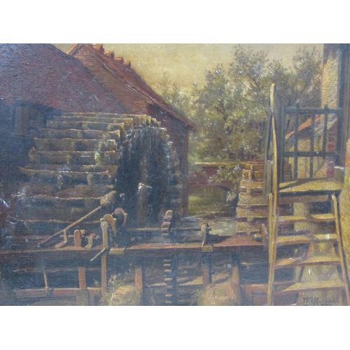 1154 - JOHN FITSMARSHALL 1859/1932 - THREE DAMAGED UNFRAMED CANVASES - THE WATER MILL, COASTAL SCENE & COTT... 