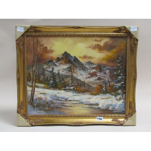 1160 - J HIREL - ALPINE WINTER SCAPE, SIGNED OIL ON CANVAS, FRAMED, 40CM X 49CM