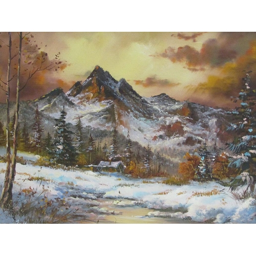 1160 - J HIREL - ALPINE WINTER SCAPE, SIGNED OIL ON CANVAS, FRAMED, 40CM X 49CM