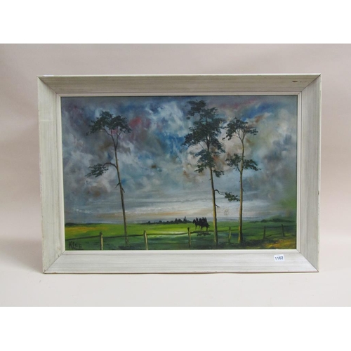 1162 - K LEE - HORSE RIDERS IN AN OPEN LANDSCAPE WITH PINE TREES, SIGNED OIL ON BOARD, FRAMED, 49CM X 75CM