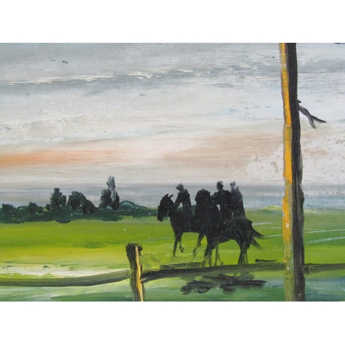 1162 - K LEE - HORSE RIDERS IN AN OPEN LANDSCAPE WITH PINE TREES, SIGNED OIL ON BOARD, FRAMED, 49CM X 75CM