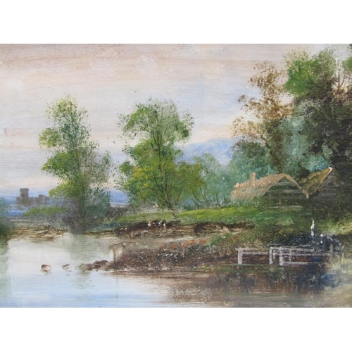 1164 - SIGNED INDISTINCTLY - 19C RIVERSCAPE WITH CHURCH, OIL ON BOARD, FRAMED, 34CM X 60CM