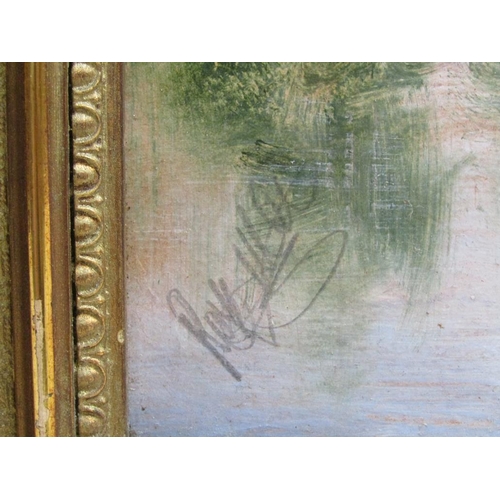 1164 - SIGNED INDISTINCTLY - 19C RIVERSCAPE WITH CHURCH, OIL ON BOARD, FRAMED, 34CM X 60CM