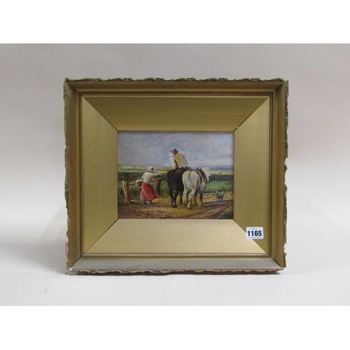 1165 - UNSIGNED 19C - FARMER WITH TWO WORK HORSES AND A LADY, OIL ON BOARD, FRAMED, 17CM X 21CM