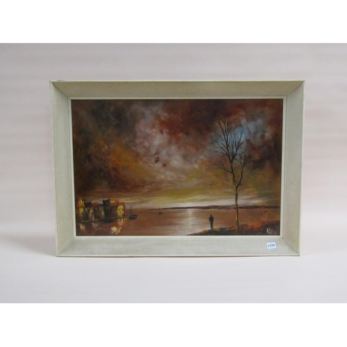 1171 - K LEE - SUNSET OVER THE HARBOUR, SIGNED OIL ON BOARD, FRAMED, 49CM X 75CM