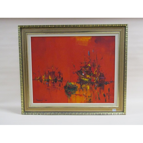 1172 - DEAKINS 59 - SAILING VESSELS IN RED, SIGNED OIL ON CANVAS, FRAMED, 61CM X 75CM