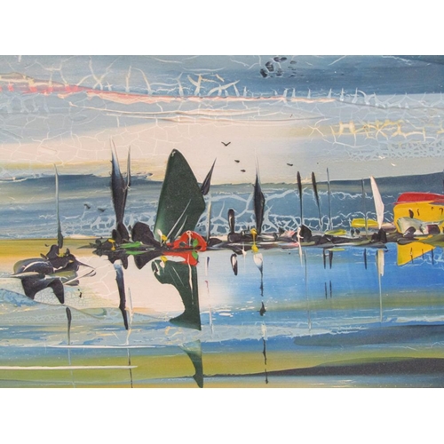 1173 - DEAKINS - COASTAL HARBOUR IN BLUE, SIGNED, OIL ON BOARD, FRAMED, 30CM X 80CM