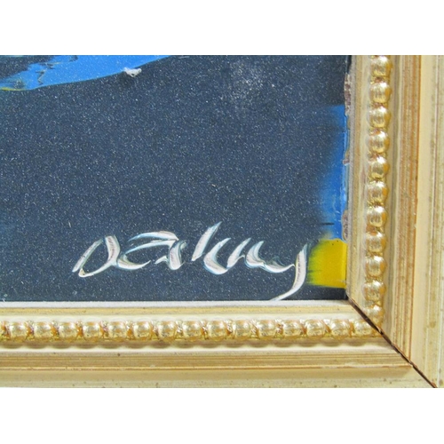 1173 - DEAKINS - COASTAL HARBOUR IN BLUE, SIGNED, OIL ON BOARD, FRAMED, 30CM X 80CM