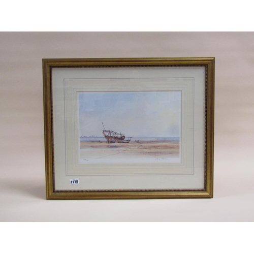 1175 - COLOURED PRINT - BOATS MOORED ON THE BEACH, SIGNED DAVIS HOWSON 249/250, 25CM X 35CM