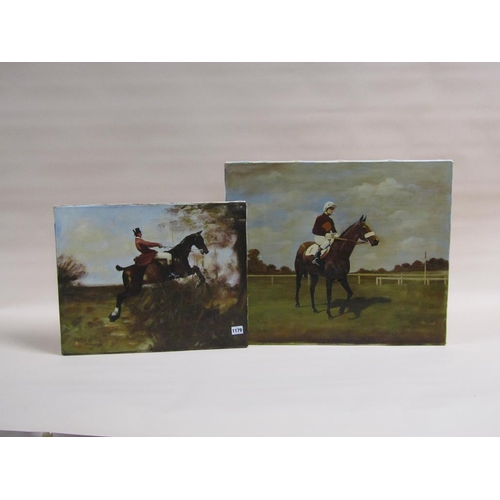 1179 - TWO OIL PAINTINGS - AFTER MUNNINGS, HUNTER JUMPING HEDGE ROW & RACE HORSE FARLEY, UNFRAMED,