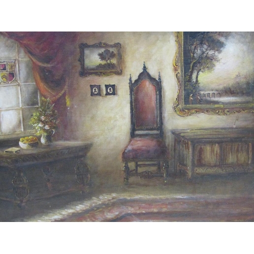 1182 - - GRINDALL - 18C INTERIOR SCENE, SIGNED, OIL ON BOARD, FRAMED, 38CM X 47CM