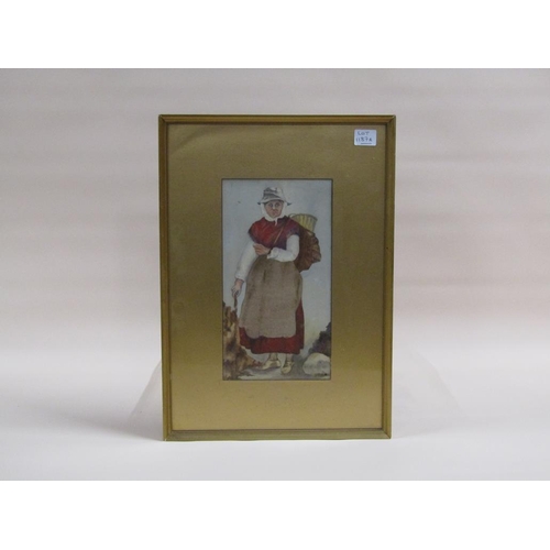 1187A - UNSIGNED LATE 19C - LADY FRUIT PICKER, WATERCOLOUR FRAMED, 24CM X 12CM