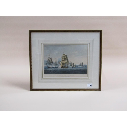 1191 - FRAMED COLOURED PRINT AFTER THE PAINTING BY T WHITCOMBE, CAPTURE OF LE SPARVIERE 1810, F/G, 20CM X 2... 