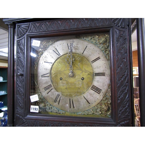 1193 - GEORGIAN OAK LONGCASE CLOCK, CASE WITH LATER CARVING, 230CM H, 50CM W