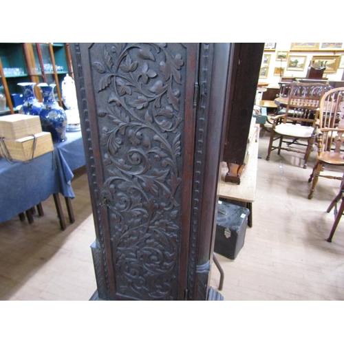 1193 - GEORGIAN OAK LONGCASE CLOCK, CASE WITH LATER CARVING, 230CM H, 50CM W