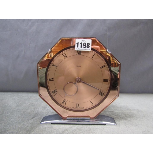 1198 - TEMCO CHROMIUM AND BRONZED MIRRORED GLASS TABLE CLOCK, 19CM H