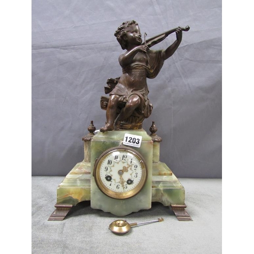 1203 - VICTORIAN ONYX MANTEL CLOCK WITH CAST BRONZED FIGURATIVE MOUNT, 39CM H