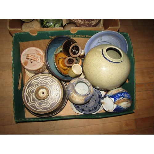 1223 - TWO BOXES OF MIXED STUDIO POTTERY, CHEEESE DISHES AND COVERS ETC