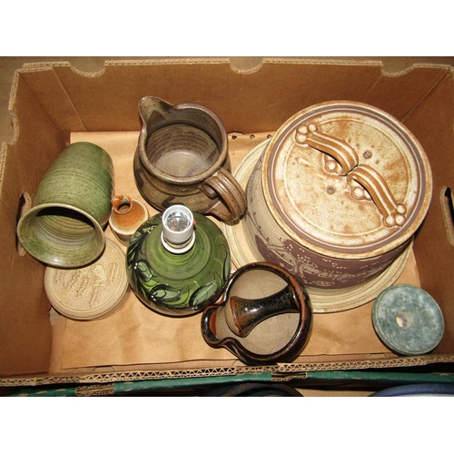 1223 - TWO BOXES OF MIXED STUDIO POTTERY, CHEEESE DISHES AND COVERS ETC