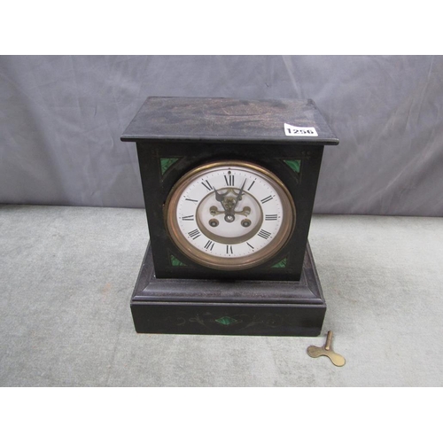 1256 - VICTORIAN MARBLE AND SLATE MANTEL CLOCK, 28CM H