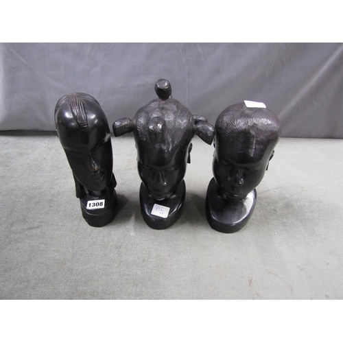 1308 - THREE CARVED AFRICAN EBONY BUSTS - LARGEST 28CM H