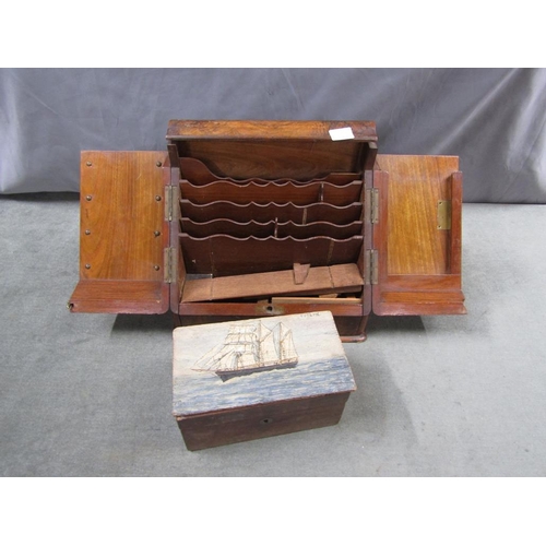 1309 - VICTORIAN WALNUT STATIONERY BOX; ANOTHER BOX; OIL ON BOARD