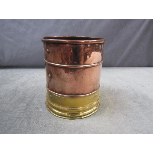 1320 - ANTIQUE COPPER AND BRASS CYLINDER JAR, 20CM H