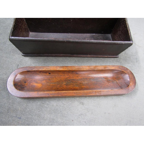 1334 - GEORGIAN OAK CANDLE TRAY, 28CM W; SMALL PEN TROUGH