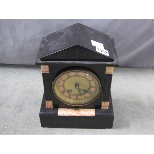 1342 - VICTORIAN SLATE AND MARBLE MANTEL CLOCK, 28CM H