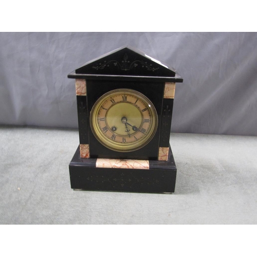 1342 - VICTORIAN SLATE AND MARBLE MANTEL CLOCK, 28CM H