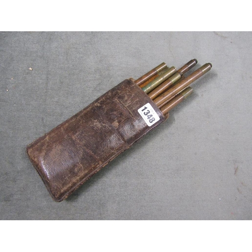 1348 - SET OF VICTORIAN BARREL MEASURES IN LEATHER POUCH, 20CM L