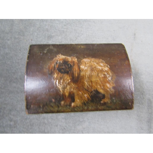 1360 - HAND PAINTED BOX DECORATED WITH PEKENESE DOG, 9CM W