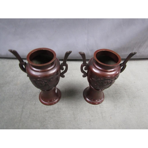 1365 - PAIR OF ORIENTAL CAST BRONZED VASES, 19CM H