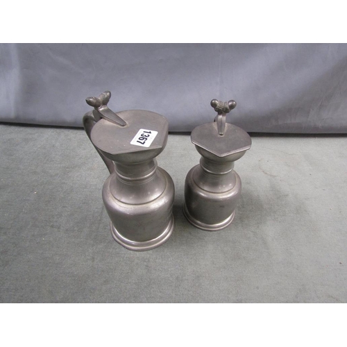 1367 - TWO PEWTER JUGS WITH HINGED COVERS, 22CM H