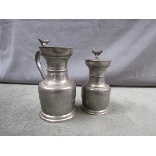 1367 - TWO PEWTER JUGS WITH HINGED COVERS, 22CM H