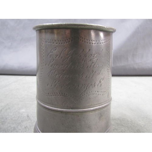 1369 - ANTIQUE PEWTER TANKARD, 16CM H