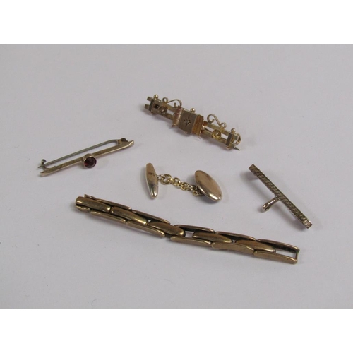 1490 - THREE GOLD BAR BROOCHES TOGETHER WITH A PART GOLD BRACELET AND CUFFLINK