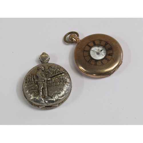 1492 - GILT METAL HALF HUNTER POCKET WATCH TOGETHER WITH A METAL HUNTER WATCH, THE CASE EMBOSSED WITH A FIS... 