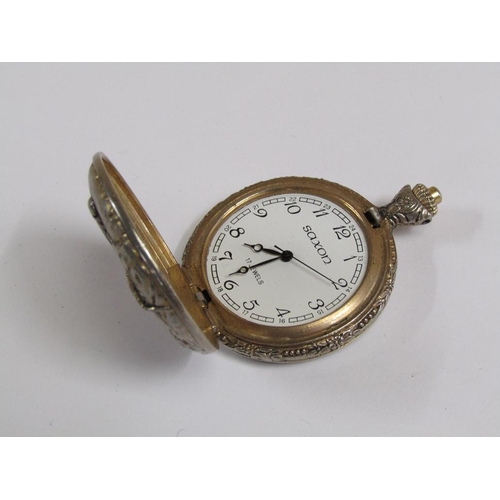 1492 - GILT METAL HALF HUNTER POCKET WATCH TOGETHER WITH A METAL HUNTER WATCH, THE CASE EMBOSSED WITH A FIS... 