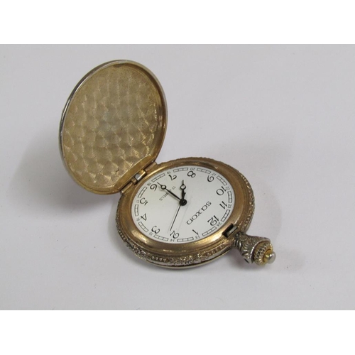 1492 - GILT METAL HALF HUNTER POCKET WATCH TOGETHER WITH A METAL HUNTER WATCH, THE CASE EMBOSSED WITH A FIS... 