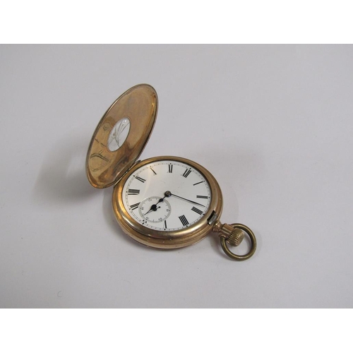 1492 - GILT METAL HALF HUNTER POCKET WATCH TOGETHER WITH A METAL HUNTER WATCH, THE CASE EMBOSSED WITH A FIS... 