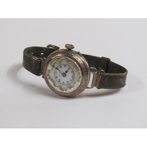 1495 - EARLY 20c LADIES MEDANA SILVER WATCH ON LEATHER STRAP