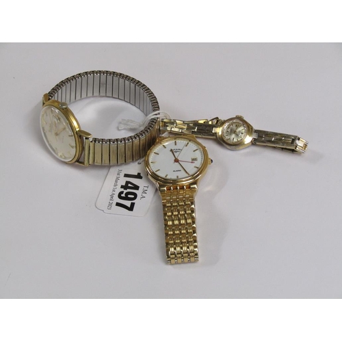 1497 - BULOVA GENTS GILT CASED WATCH TOGETHER WITH A ROTARY AND A LADIES CLASSIQUE GILT METAL AND SILVER WA... 