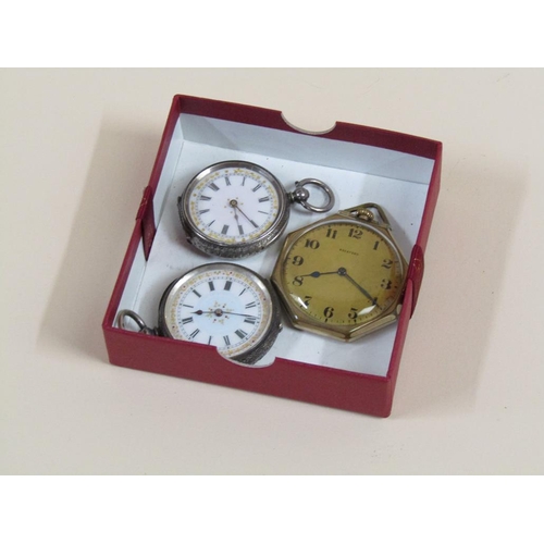 1498 - THREE POCKET WATCHES INC. A ROCKFORD GILT METAL OCTAGONAL CASE, TWO SILVER CASED FOB WATCHES