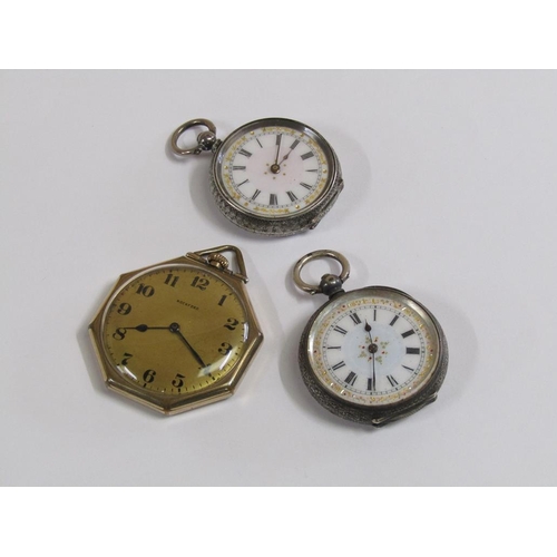 1498 - THREE POCKET WATCHES INC. A ROCKFORD GILT METAL OCTAGONAL CASE, TWO SILVER CASED FOB WATCHES