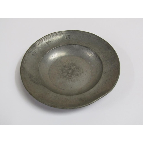 1516 - FOUR PEWTER DISHES TOGETHER WITH THREE PEWTER FEEDING BOWLS