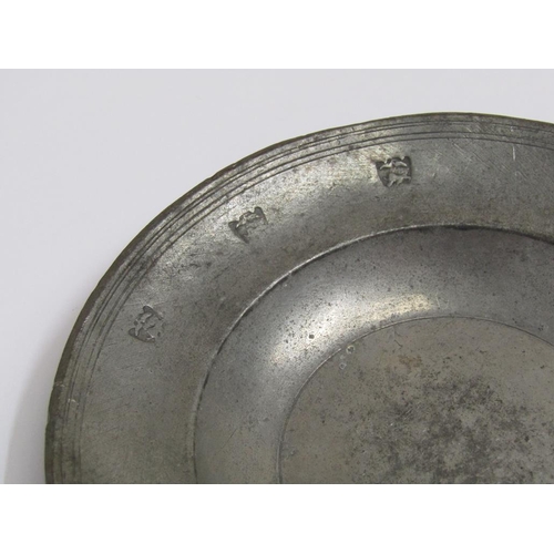 1516 - FOUR PEWTER DISHES TOGETHER WITH THREE PEWTER FEEDING BOWLS