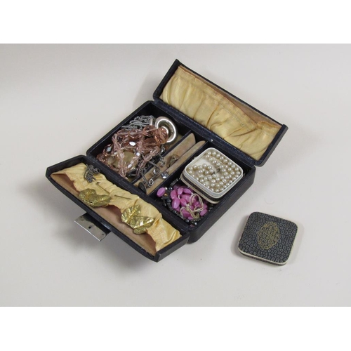 1517 - LEATHER JEWELLERY BOX TOGETHER WITH THE MISC. ITEMS OF COSTUME JEWELLERY CONTAINED THEREIN