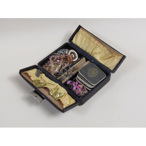 1517 - LEATHER JEWELLERY BOX TOGETHER WITH THE MISC. ITEMS OF COSTUME JEWELLERY CONTAINED THEREIN